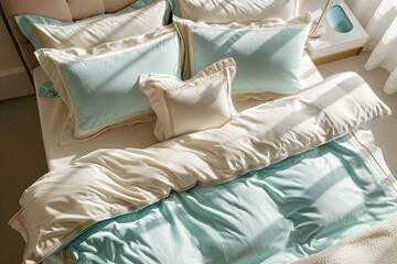 Bed with Mint Green and Beige Bedding in Sunlit Room