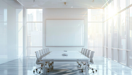 Modern Conference Room with City View and Blank Screen for Presentation