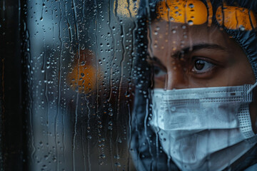 A woman wearing a mask and a raincoat is looking out the window