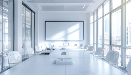 Modern Conference Room with City View and Blank Screen for Presentation