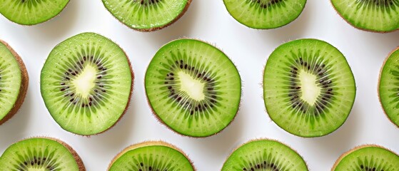 Fototapeta premium A group of kiwis sliced in half stacked on top of each other on a white countertop