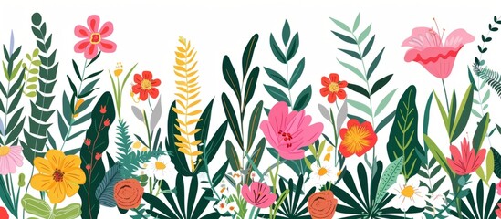 Tropical flowers and ferns, border pattern illustration in the style of minimalism, white background Generative AI - obrazy, fototapety, plakaty