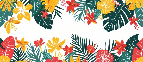 Tropical floral border, pattern with exotic leaves and flowers in red green yellow pink orange palette on white background Generative AI - obrazy, fototapety, plakaty
