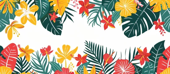 Muurstickers Tropical floral border, pattern with exotic leaves and flowers in red green yellow pink orange palette on white background Generative AI © SKIMP Art
