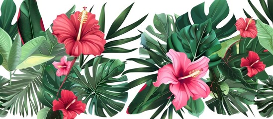 Tropical floral border white background, red green and pink colors Generative AI - obrazy, fototapety, plakaty