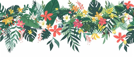  illustration of tropical floral garland border on white background Generative AI - obrazy, fototapety, plakaty