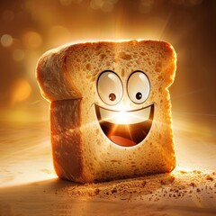 create a cartoon funny immagine of a full bread that smiling under a click's reflex flash capture