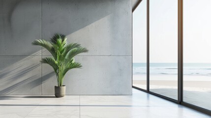 Serene indoor oasis: lush greenery on white floor against modern concrete wall, lounge area with coffee table by glass window overlooking ocean - luxury beach house interior design concept