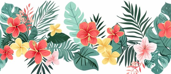 Hand drawn illustration of tropical floral garland border white background Generative AI