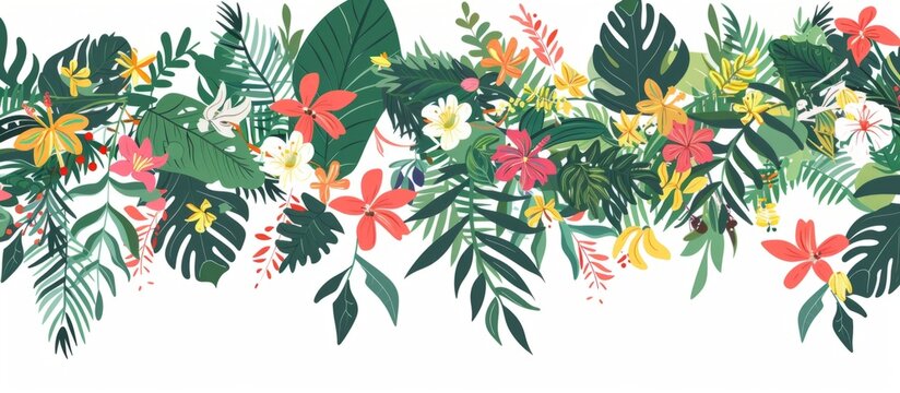  illustration of tropical floral garland border on white background Generative AI