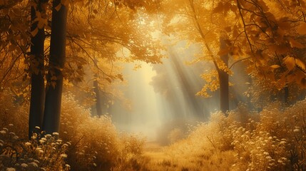Picturesque photo of a forest: Beautiful late summer or early autumn perfect natural landscape background, defocused blurred yellow trees in the woods with wild grass and golden sun beams