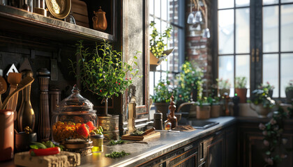 Rustic Kitchen with Large Windows, Greenery, and Natural Light