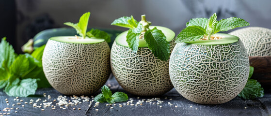   A group of melons resting atop a table with lush green leaves and sprouting plants