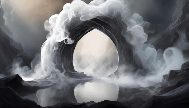 White gray smoke in form of an arch. Mystical view. Fantasy world. Abstract art.