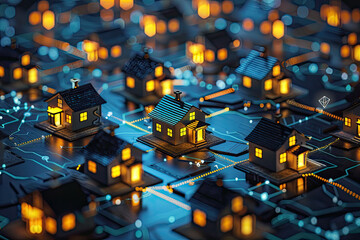 Real Estate Concept -  Digital Network of Illuminated Houses Connected by Lines