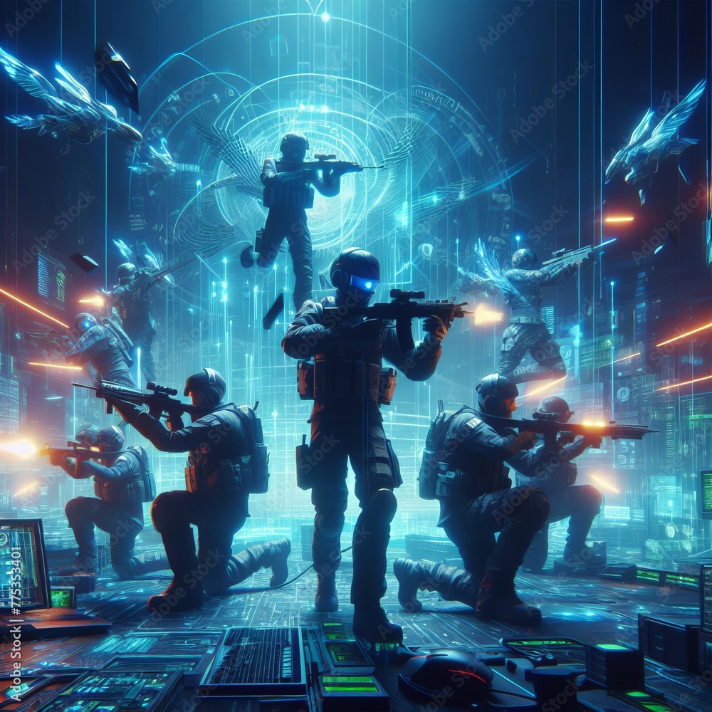 Poster a dynamic image of a team of cyber security forces in action within a high-tech digital environment,