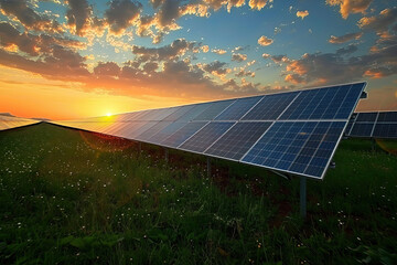 Solar Panels at Sunset with Colorful Sky and Clouds