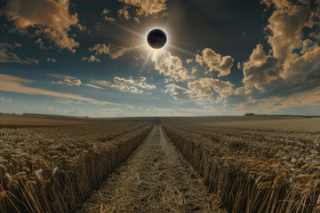 Total Solar Eclipse Over Wheat Field with Path Leading to Horizon