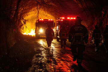 Firefighters Advancing Boldly Towards Intense Blaze Inside Tunnel, Nighttime Operation