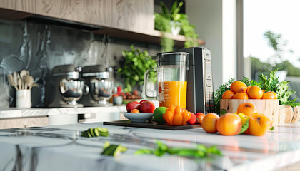 Colorful Array of Fresh Vegetables and Fruits on a Modern Kitchen Counter in Daylight