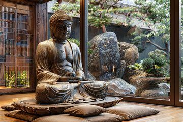  Buddha Statue in Japanese Meditation Room with Garden View