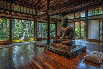  Buddha Statue in Japanese Meditation Room with Garden View