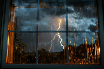 A window with rain and a lightning bolt in the sky