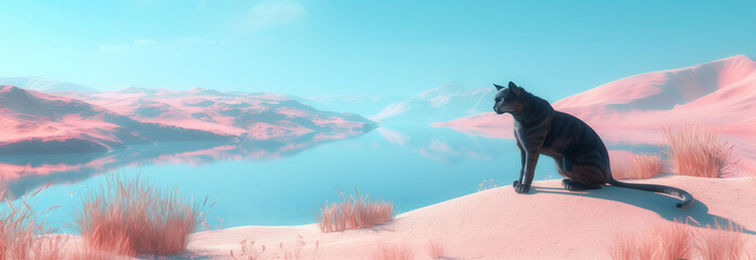 A cat on a lake, landscape  in the style of futuristic surrealism