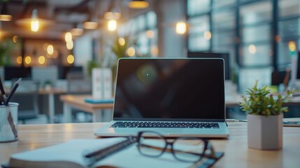 Serene office scene: laptop computer, notebook, and eyeglasses on desk in spacious workspace post work hours