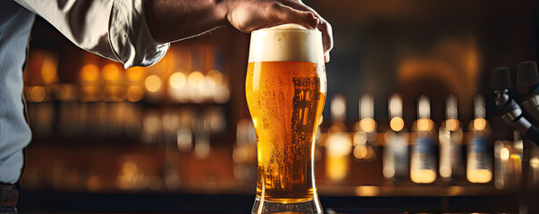 finest beer poured in pint glass. Cold glass of beer with foam in a blurred bar in background. - obrazy, fototapety, plakaty
