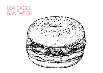 Lox bagel sandwich sketch. Hand drawn vector illustration.