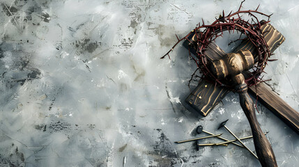 Crucifixion cross, nail and thorn crown easter concept