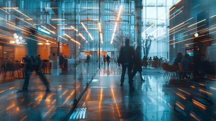 Dynamic motion: long exposure capture of corporate professionals engaged in productive office atmosphere