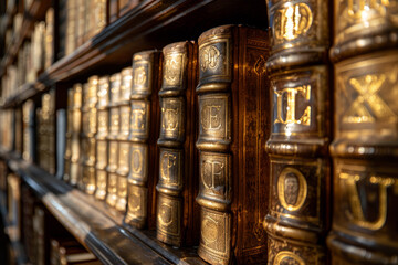 A row of books with gold lettering and gold spines