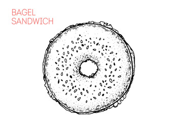 Lox bagel sandwich sketch. Hand drawn vector illustration.