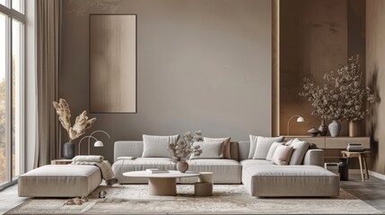 Cozy interior: beige loveseat sofa in a small room, inviting home decor concept with neutral tones and comfortable seating arrangement