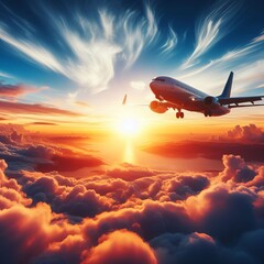 Fototapeta na wymiar Commercial airplane soars above sunset-lit clouds, embodying swift travel for both leisure and business. A captivating scene evoking the essence of holidays and expedient journeys.