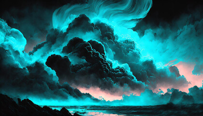 Beautiful fluffy clouds in neon blue and black colors. Abstract art. Fantasy background. - obrazy, fototapety, plakaty