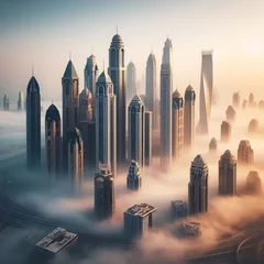 Fotobehang Downtown Dubai veiled in thick morning fog, its skyscrapers rising into the early light. A striking view captures the city's allure amidst nature's misty embrace © Elshad Karimov