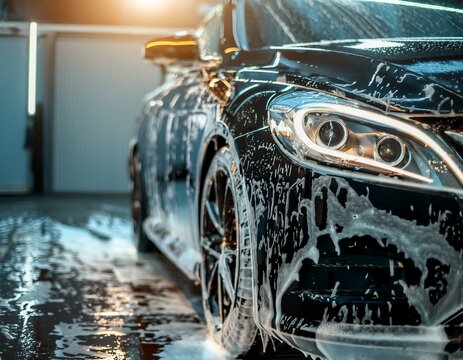 Reviving Elegance: Soapy Solutions Bring Shine to Black Car During Professional Wash
