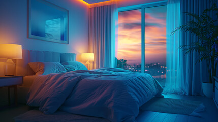 Design of the interior. Stylish bedroom in blue calm color