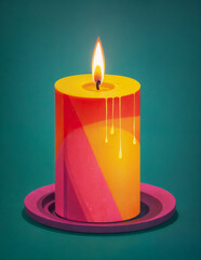  Colorful candle with dripping wax and a flame sits on a purple and pink holder on a green background.
