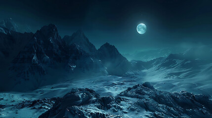 ethereal beauty of moonlight casting shadows over rugged mountain terrain
