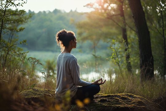 Mindfulness Photograph with Woman Meditating in Nature. Spirituality Concept.