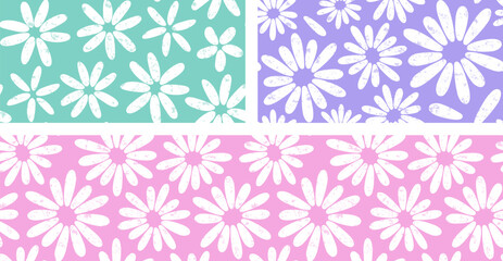 Groovy flower seamless pattern, spring floral background, grunge daisy print set, cute summer chamomile textile collection. Pastel green, purple and pink colors. Abstract naive vector illustration