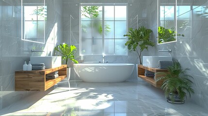 Bathroom with mirror and bathtub in a modern interior style, with grey and white colours of ceramic floor tiles - obrazy, fototapety, plakaty