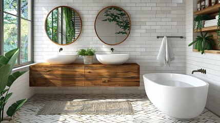 An oasis of minimalism: Privacy in a white brick bathroom with a large oval bathtub and two washbasins - obrazy, fototapety, plakaty