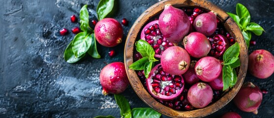   Wooden bowl filled with pomegranates on green leaves on black stone countertop - obrazy, fototapety, plakaty