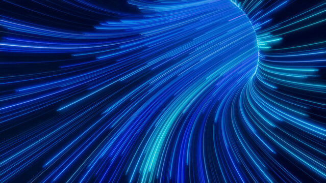 Blue, Purple and Turquoise Colored Streaks form Abstract Neon Lights Tunnel. 3D Render.