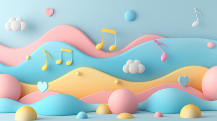 Fototapeta premium Abstract colorful background with pastel blue, pink, and yellow waves, 3D musical notes, hearts, clouds, and balls floating in a whimsical pattern.